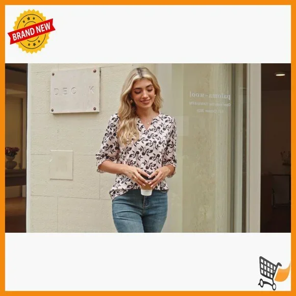 Women's 3/4 Sleeve V-Neck Blouse with Smocked Cuffs, Dressy Casual Top - Picture 6 of 7